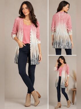 NIC+ZOE Painted Twirl Linen Blend Long Cardigan Sweater Duster Pink Ombre L